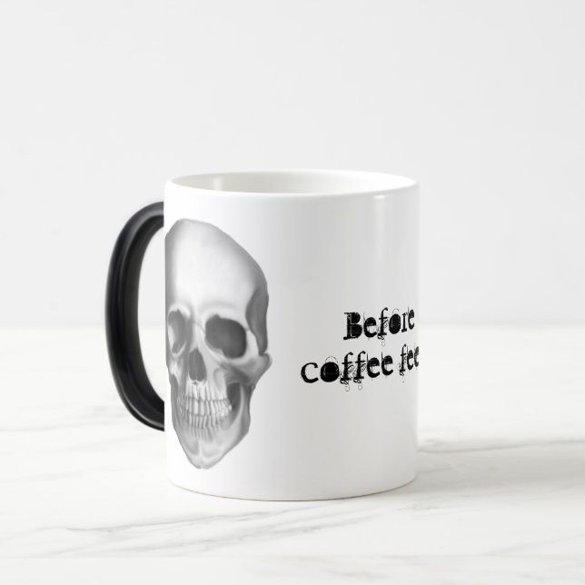 Before coffee realistic black and white skull magic mug (Front Left)