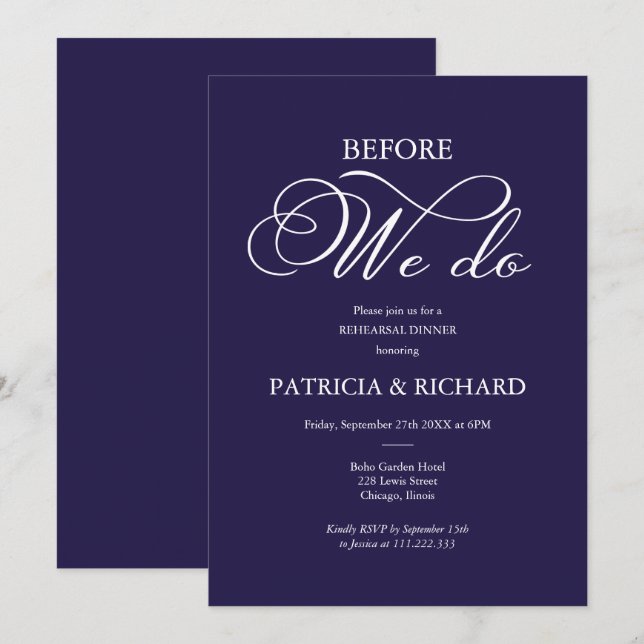 Before We Do Elegant Navy Blue Rehearsal Dinner Invitation (Front/Back)