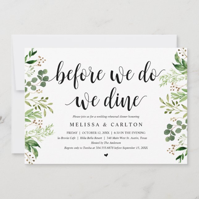 Before We Do, We Dine, Greenery, Rehearsal Dinner Invitation (Front)