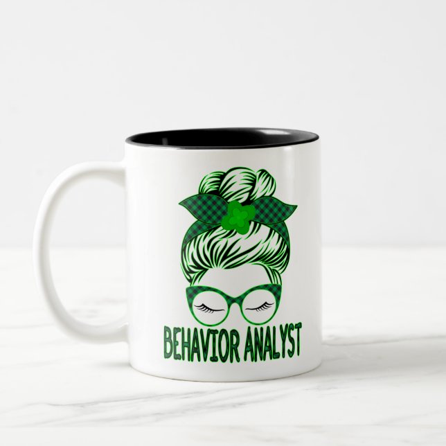 Behaviour Analyst BCBA Messy Bun St Patrick's Day Two-Tone Coffee Mug (Left)