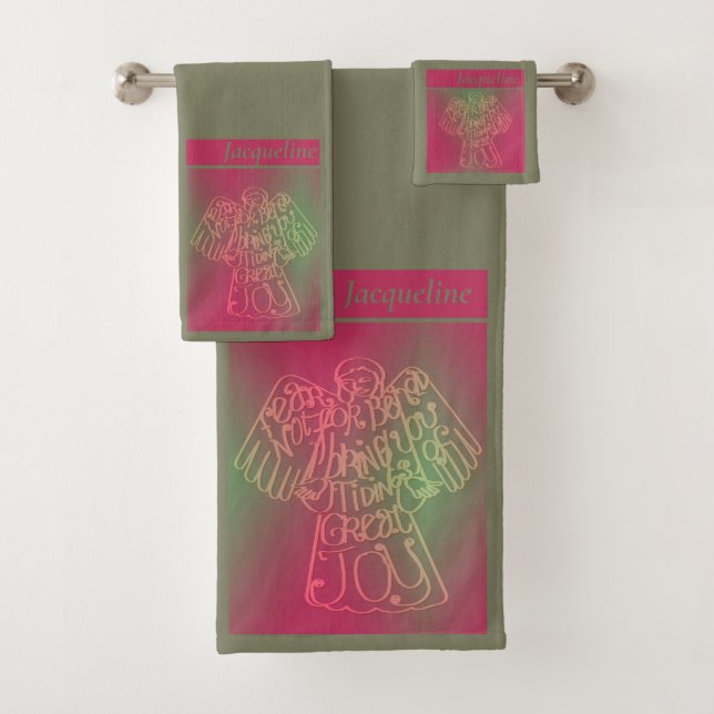 "Behold tidings of Great Joy"Pink Grey Bath Towel Set (Insitu)