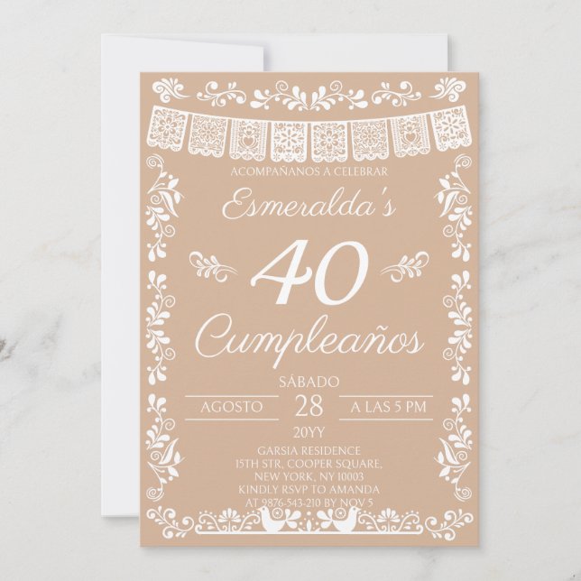Beige 40 Cumpleaños Birthday Party Invitation (Front)