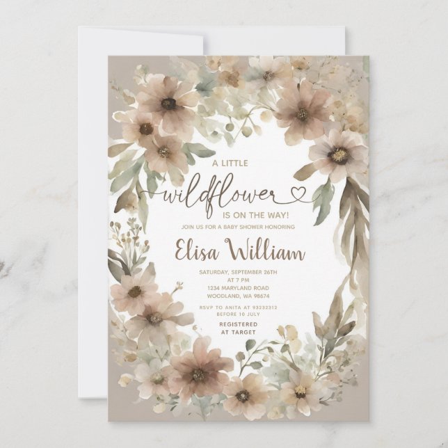 Beige A little Wildflowers Girl Baby Shower Invitation (Front)