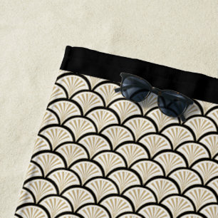 Beige and black art-deco abstract flowers pattern beach towel