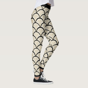 Beige and black art-deco flowers pattern leggings