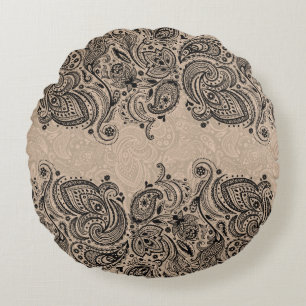 Beige And Black Paisley Lace Round Pillow