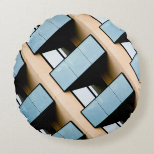 Beige and Blue Geometric Pattern Round Pillow