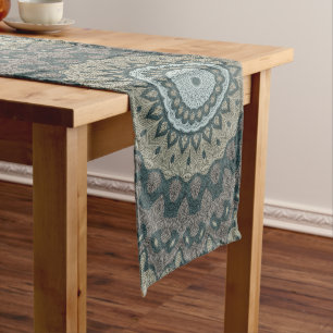Beige and Blue Grey Mandala Kaleidoscope Medallion Long Table Runner