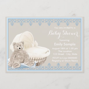 Beige and Blue Teddy Bear Baby Shower Invitation