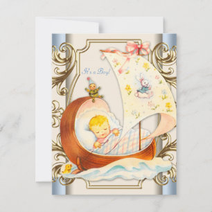 Beige and Blue Vintage Baby Boy Shower Invitation