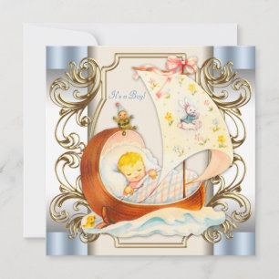 Beige and Blue Vintage Baby Boy Shower Invitation