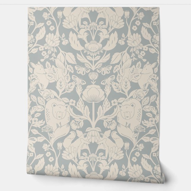 Beige and Blue Woodland Block Print Damask Wallpaper (Unrolling)