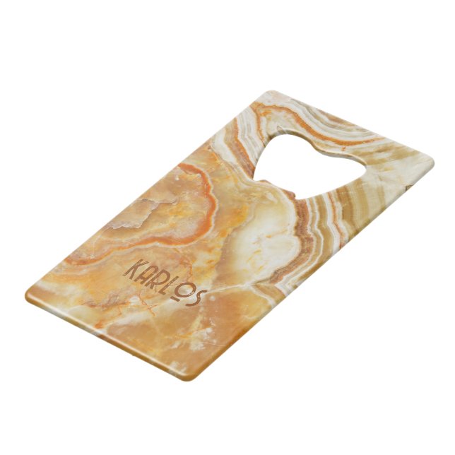 Beige and brown faux marble background credit card bottle opener (Back Angled)