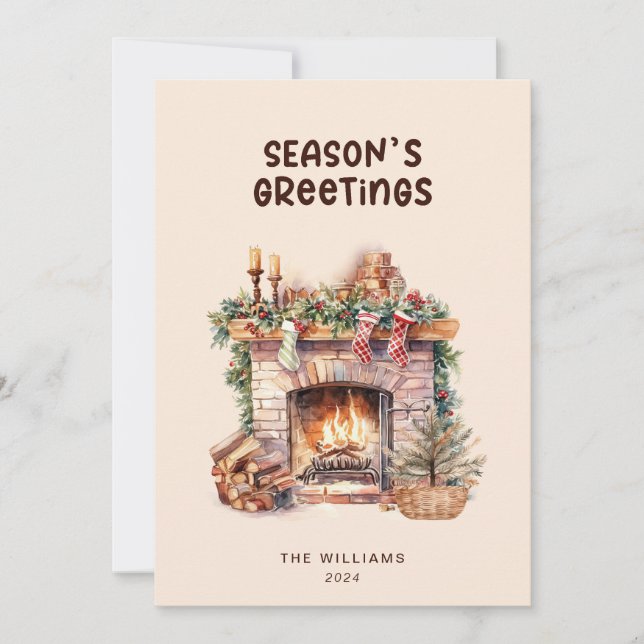 Beige and Brown Fireplace Flat Holiday Card (Front)