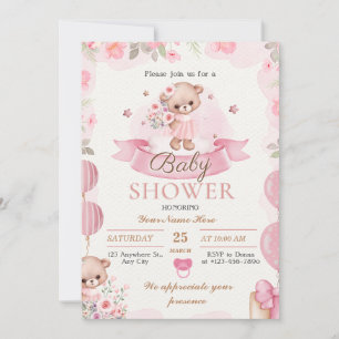 Beige and Brown Floral Baby Girl Shower Invitation