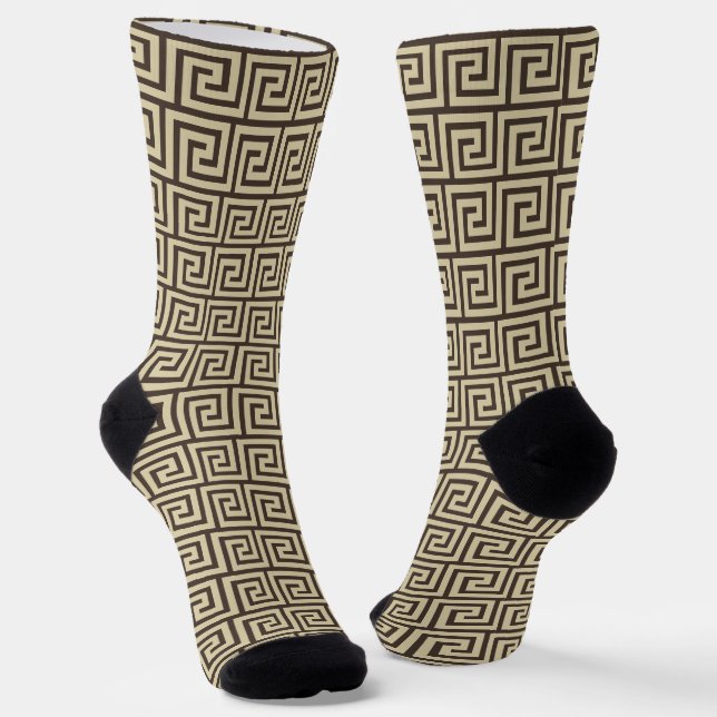 Beige and Brown Greek Pattern Crew Socks (Angled)