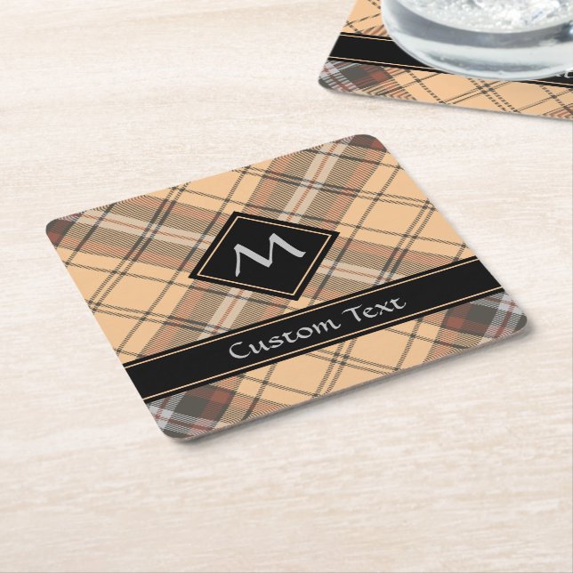 Beige and Brown Tartan Square Paper Coaster (Angled)