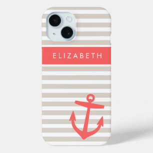 Beige and Coral Stripes Anchor Monogram iPhone 15 Case