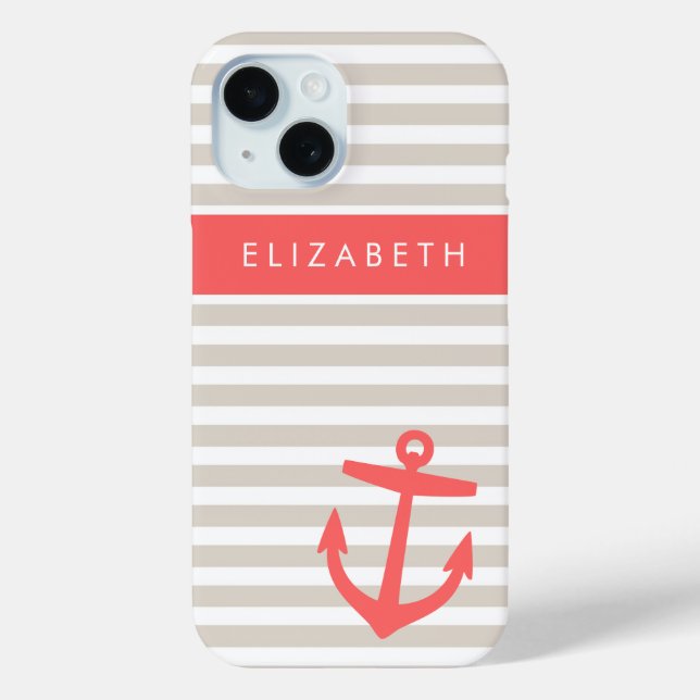 Beige and Coral Stripes Anchor Monogram Case-Mate iPhone Case (Back)