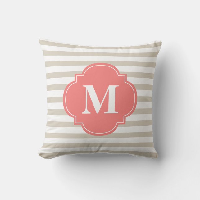 Beige and Coral Stripes Monogram Throw Pillow (Front)