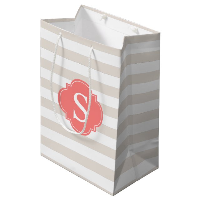Beige and Coral Stripes Pattern Monogram Medium Gift Bag (Front Angled)