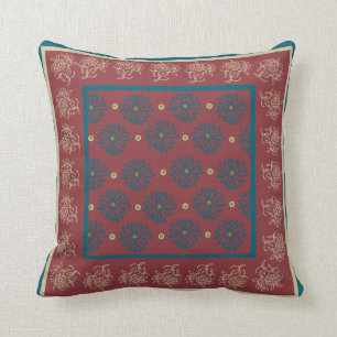 Beige and Dark Blue Oriental Floral on Maroon Throw Pillow