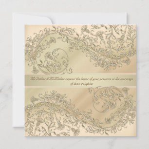 Beige and Gold damask floral wedding invitations