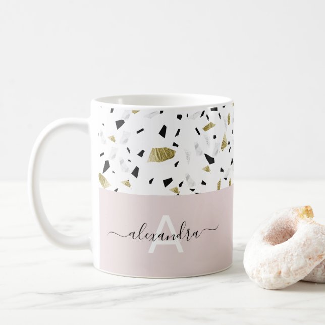 Beige and gold foil terrazzo pattern monogram coffee mug (With Donut)