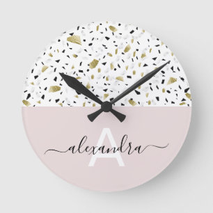 beige and gold foil terrazzo pattern monogram round clock