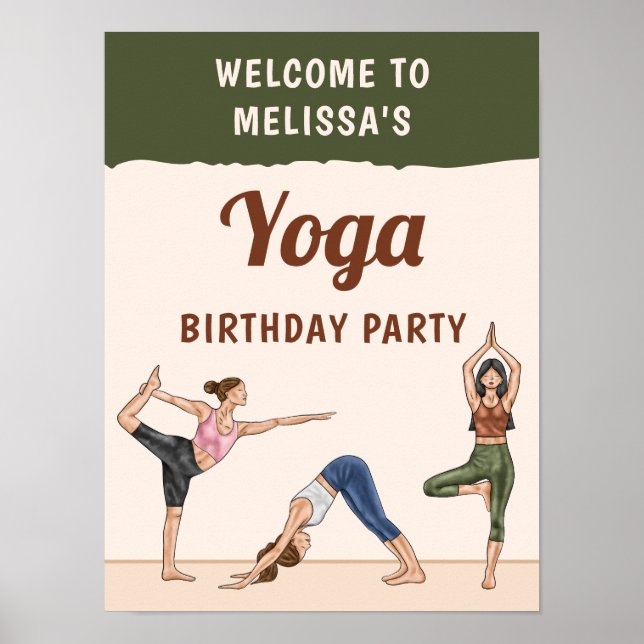 Beige And Green Boho Yoga Birthday Party Welcome Poster (Front)