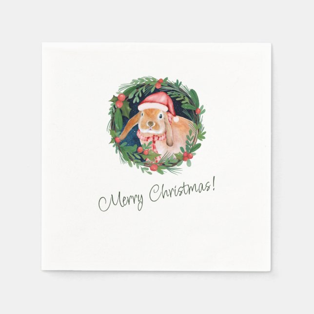 Beige and Green Christmas Greeting Napkins  (Front)