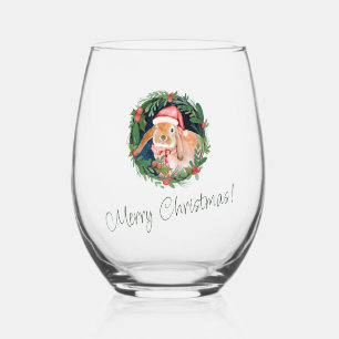 Beige and Green Christmas Greeting Stemless Wine Glass