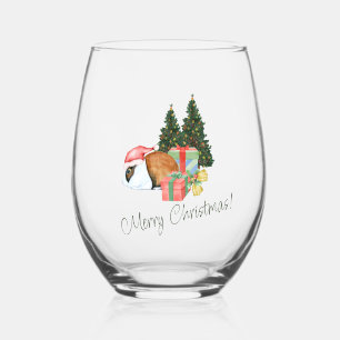 Beige and Green Christmas Greeting Stemless Wine Glass