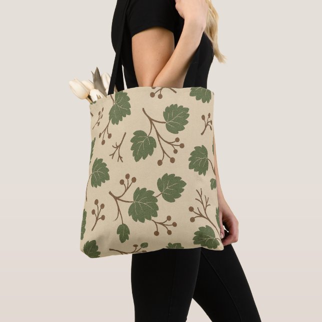 Beige and Green Forest Botanical Tote Bag  (Close Up)