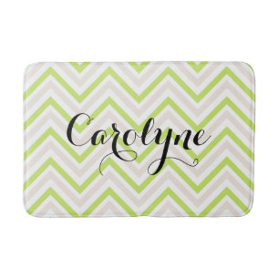 Beige and Green Thin Chevron Pattern Personalized Bath Mat