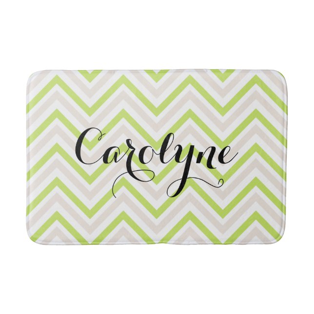 Beige and Green Thin Chevron Pattern Personalized Bath Mat (Front)