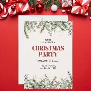 Beige and Green Watercolor Floral Christmas Party Invitation