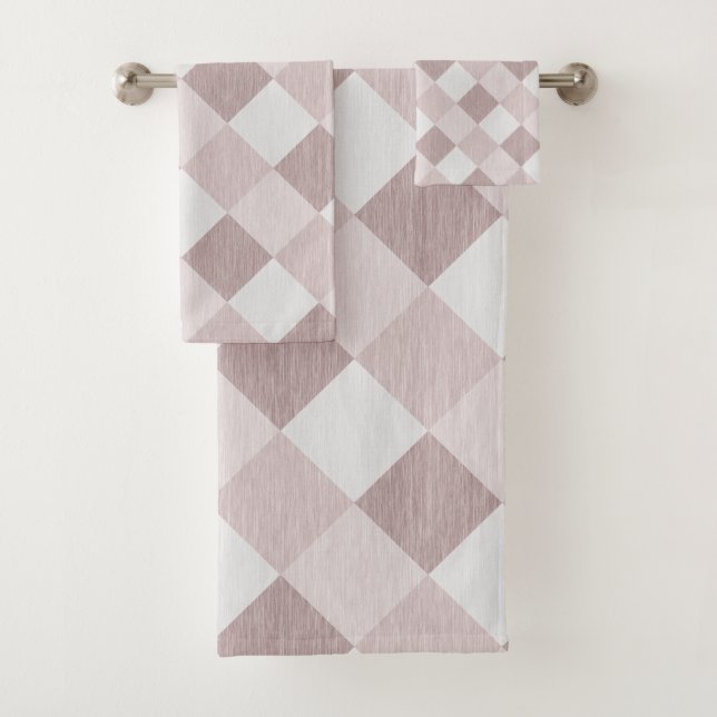 Beige and Grey Geometric Patchwork Pattern Oblique Bath Towel Set (Insitu)