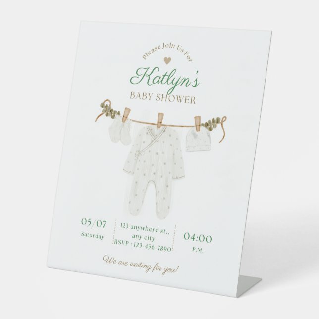 Beige and Light Green Baby Shower Invitation Pedestal Sign (Front)