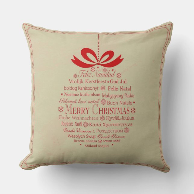 Beige And Red Multilingual Merry Christmas Throw Pillow (Front)