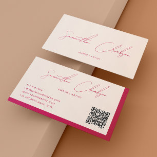 Beige and Rose Red Handwritten Script QR code Business Card