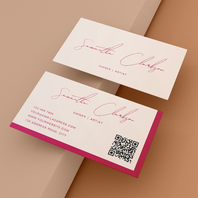 Beige and Rose Red Handwritten Script QR code Business Card (Creator Uploaded)