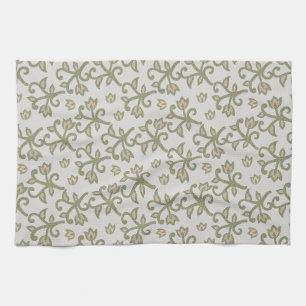 Beige and Sage Green Elegant Floral Vines Patten Kitchen Towel