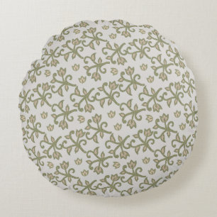 Beige and Sage Green Elegant Floral Vines Patten Round Pillow