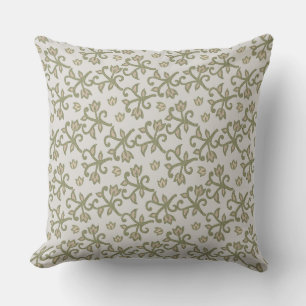 Beige and Sage Green Elegant Floral Vines Patten Throw Pillow