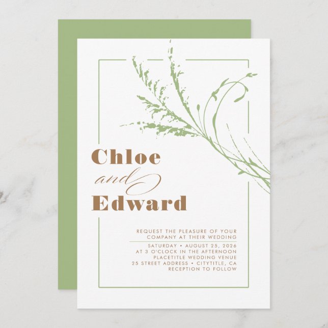 Beige and Sage Pampas Grass Minimalist Wedding Invitation (Front/Back)