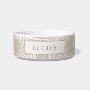 Beige and Tan Tropical Palm Leaf Pet Name Bowl
