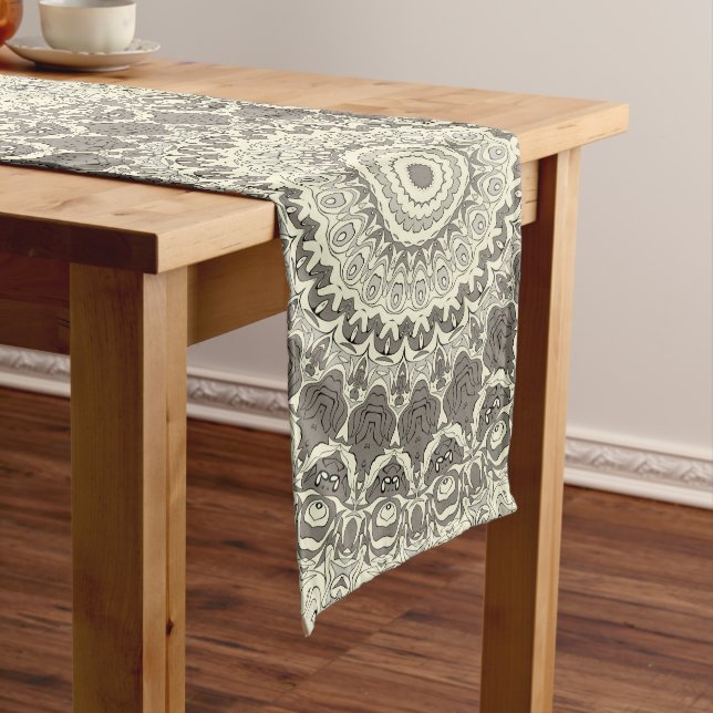 Beige and Taupe Mandala Pattern Design Long Table Runner (In Situ)