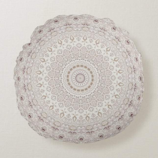 Beige and Taupe Mandala Pattern Design Round Pillow (Front)