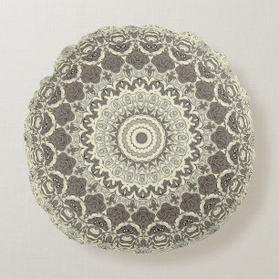 Beige and Taupe Mandala Pattern Design Round Pillow